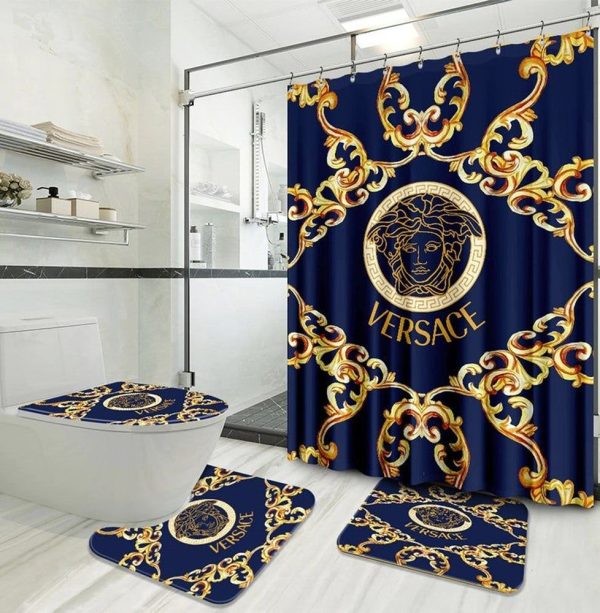 Gold Blue Versace Shower Curtain Set 011