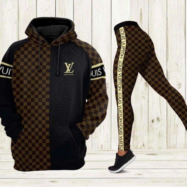 Louis Vuitton Luxury Brand Brown Chess Pattern 3D Hoodie Leggings Set 090